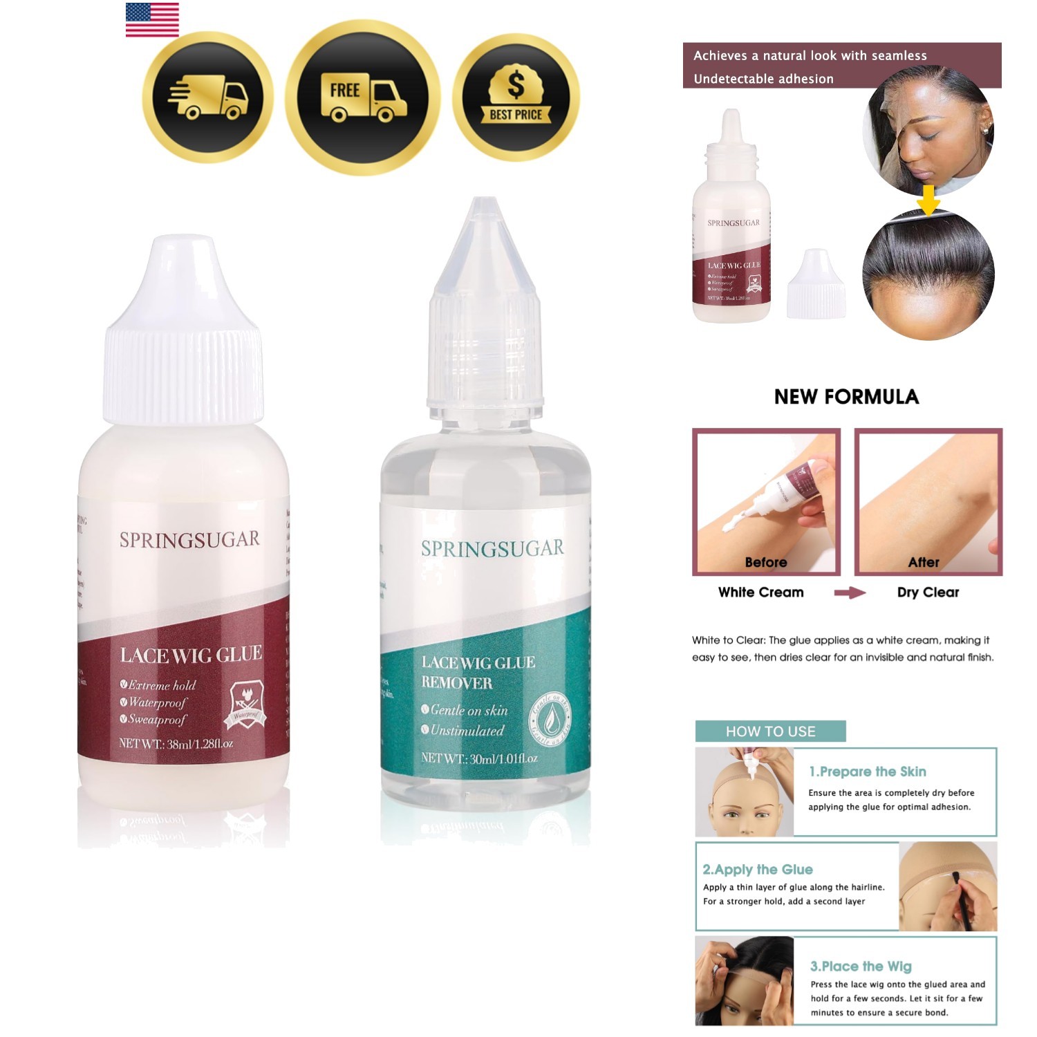 Wig Glue Strong Hold Waterproof Lace Adhesive Kit 1.7oz Wig Remover Gel