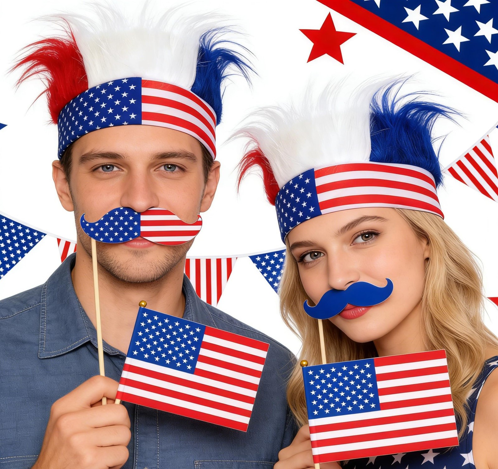 4th-of-July Adult-Hairy-Headband Funny-Troll-Wig Patriotic Red-White-Blue-Cra…