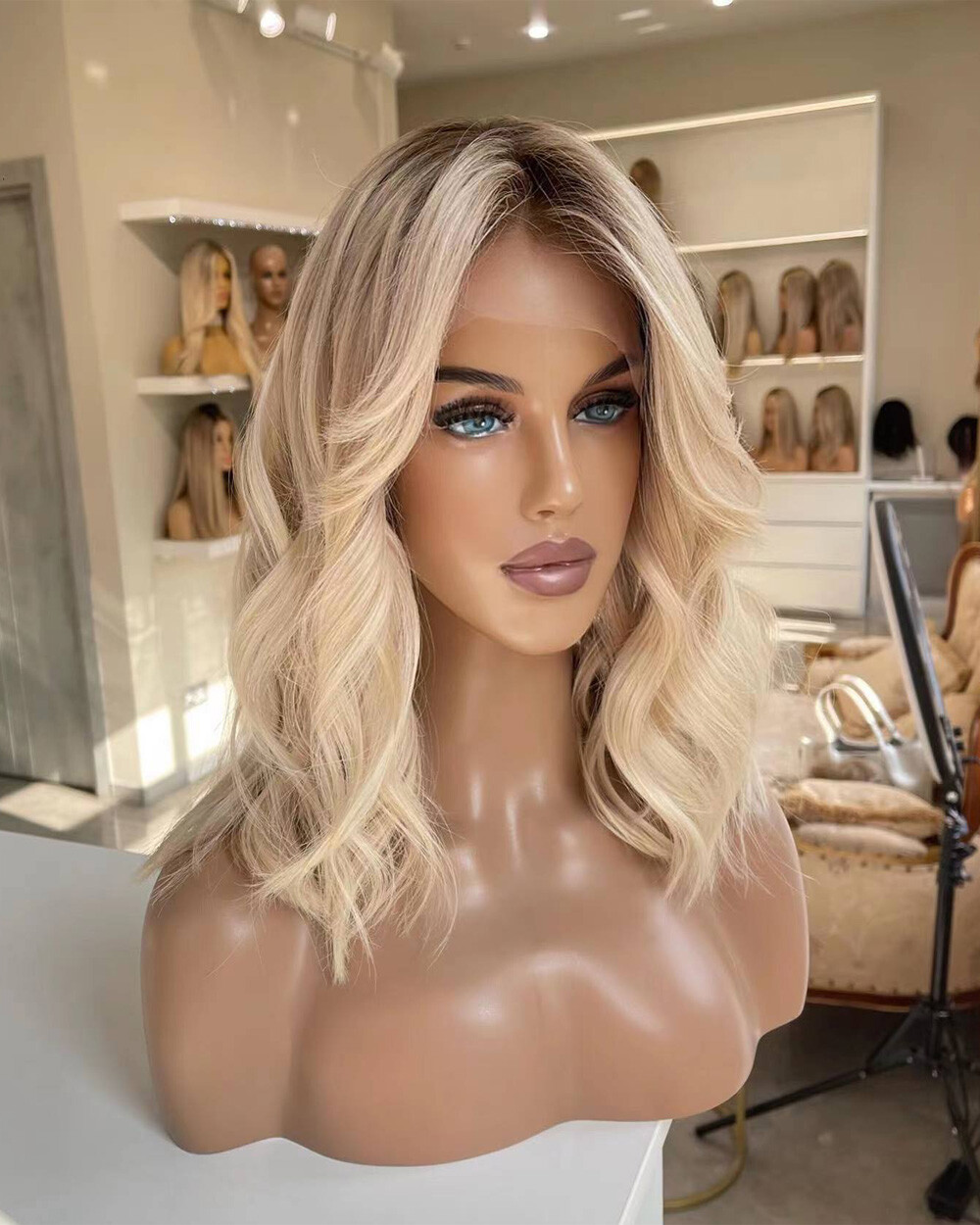 13×4 Balayage Honey Blonde Human Hair Lace Frontal Brazilian Short Bob Wave Wigs