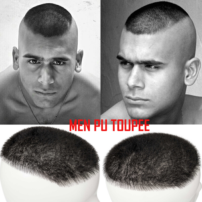 Mens Human Hair Toupee System Thin Skin PU Hairpiece Wig Short Buzz Cut 5″x7″ US