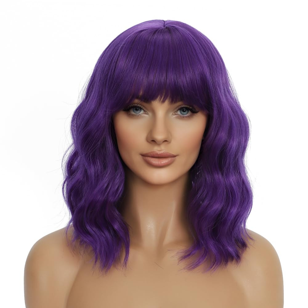 Dark Purple Wigs with Bangs for Women 14 Inch Short Wavy Bob Wigs Synthetic Bob