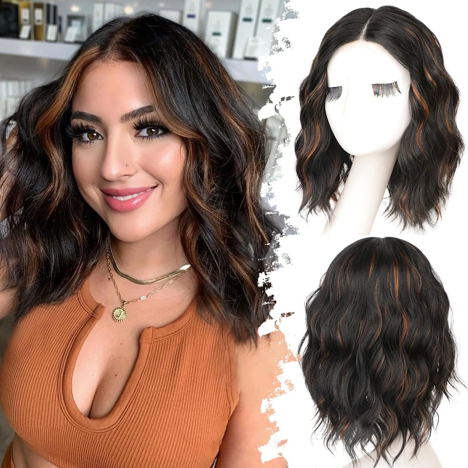 Small Lace Water Wave Short Curly Synthetic Full Head Wig Heat Resistant Daily