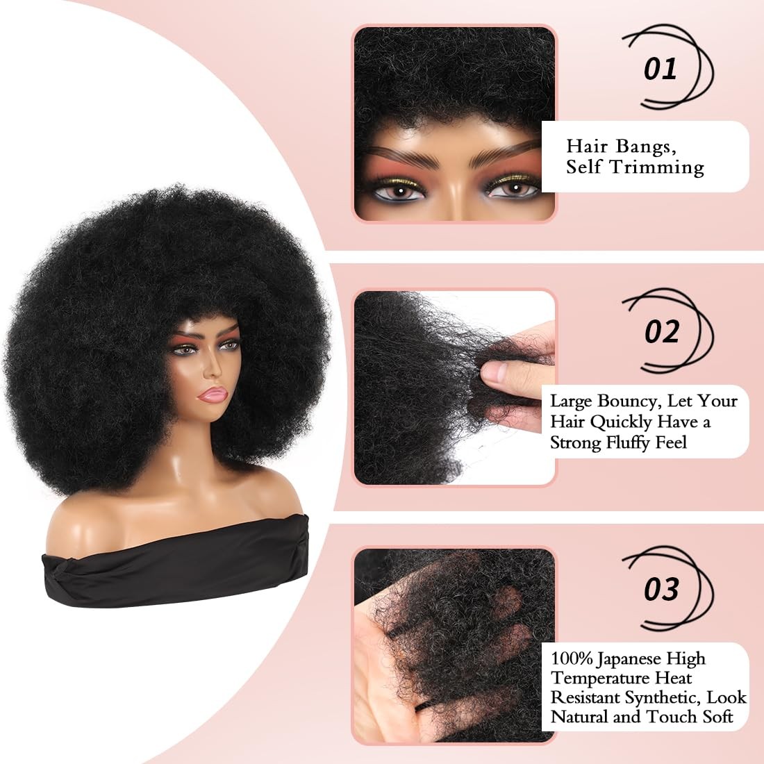 Kalyss Kinky Curly Afro Wig with Bangs 70s 1 Count (Pack of 1), Black