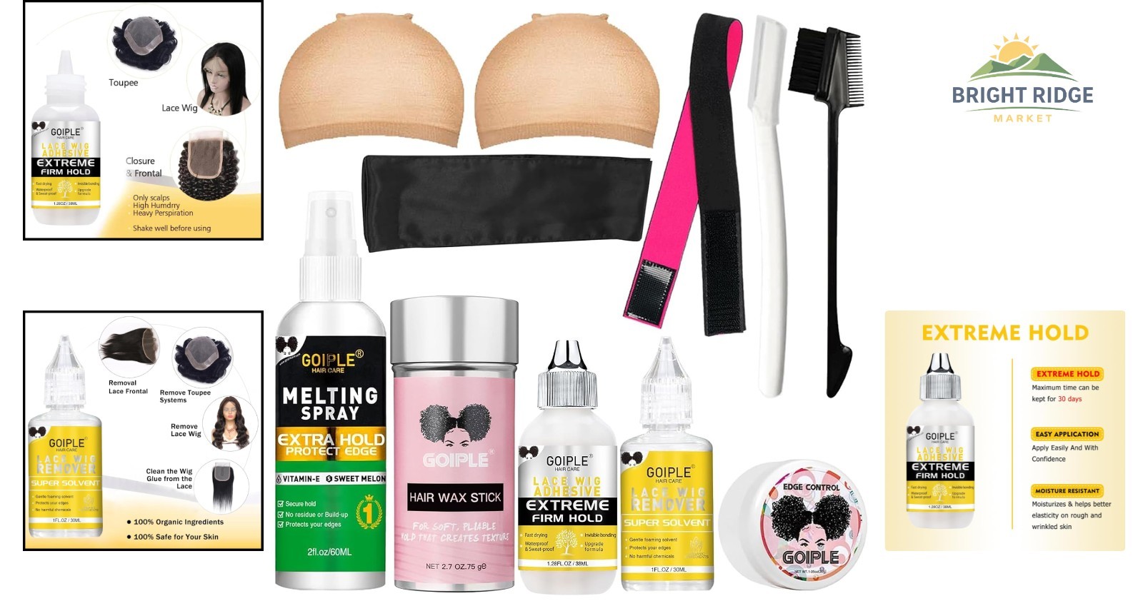 Wig Accessory Kit with Glue, Remover, Caps, Hair Wax Stick & Edge Control
