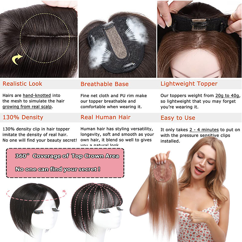 100% Remy Human Hair Topper Toupee Hairpiece Wigs Clip In Silk Base Honey Brown