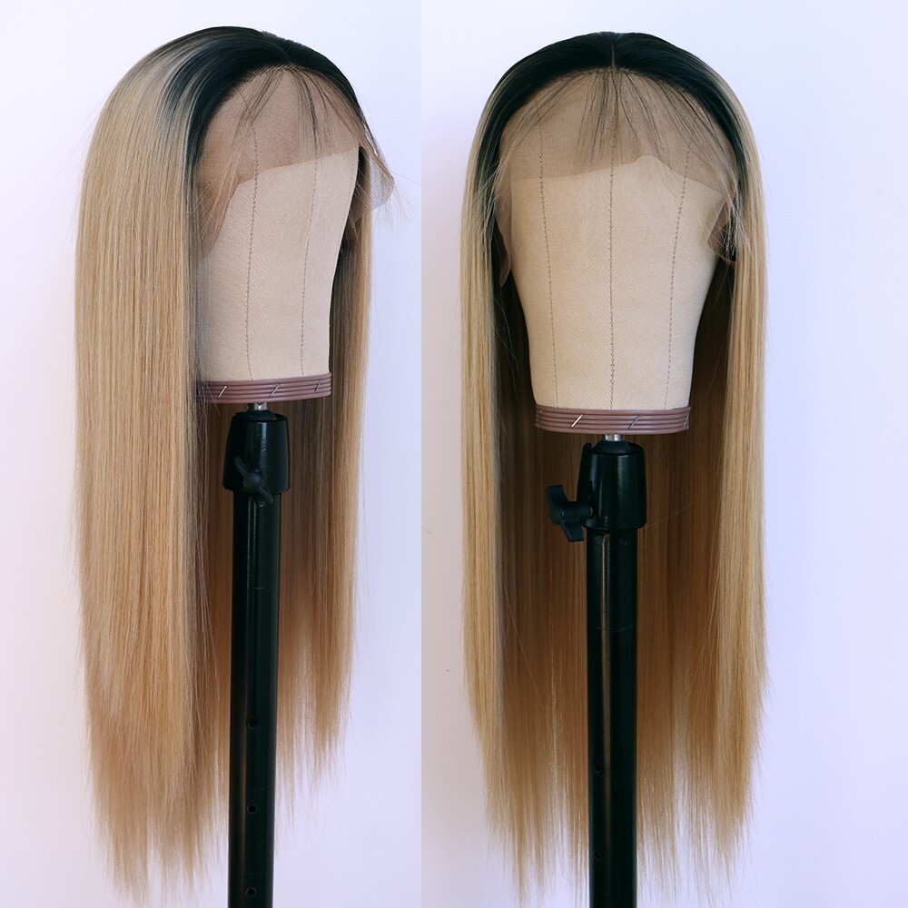 Ombre Blonde Hair Synthetic Lace Front Wigs Heat Safe Pre Plucked 13×4 Free Part