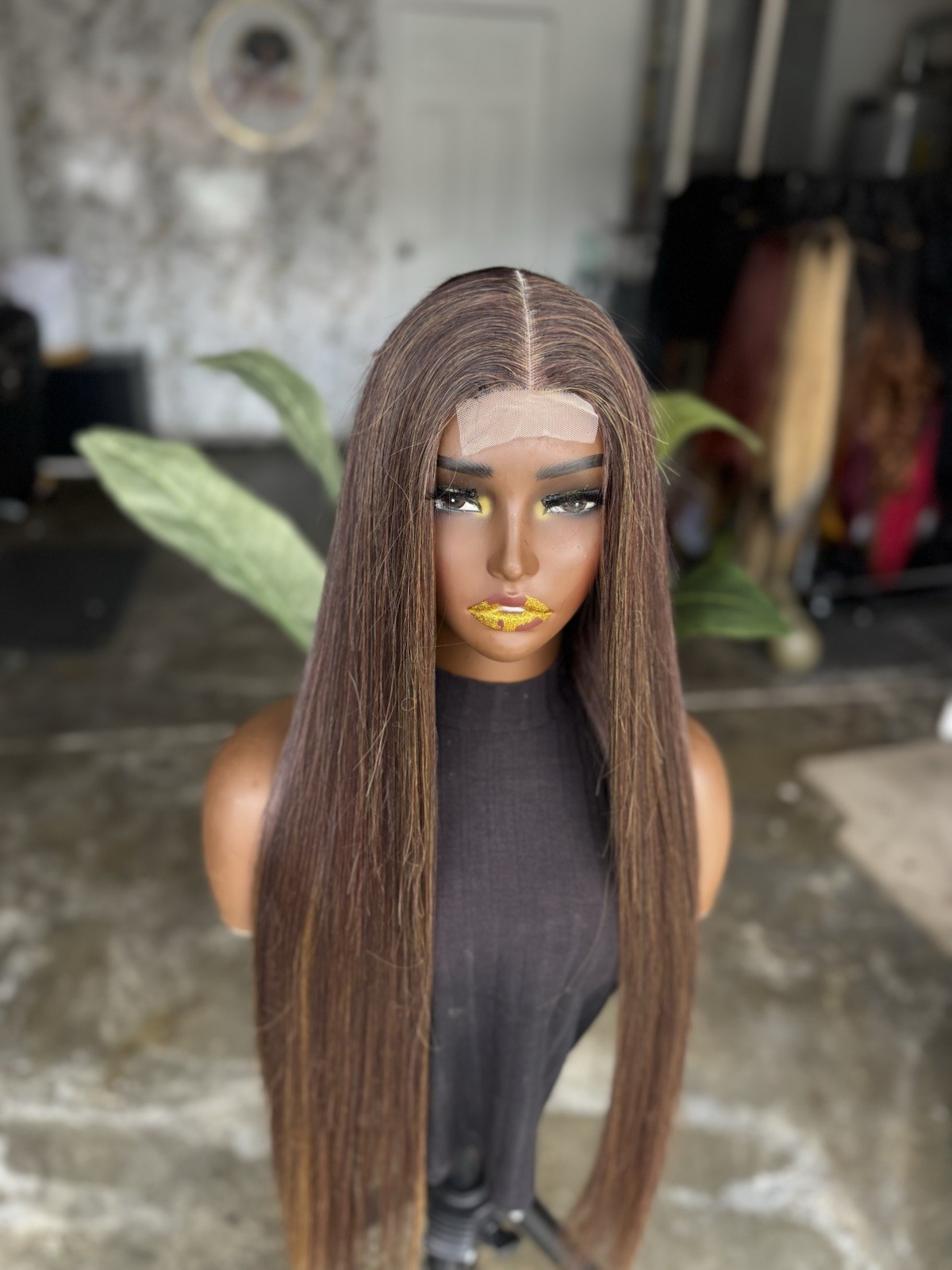 Closure Straight Medium Brown Light Brown Wig Middle-Part for Women Hair blend