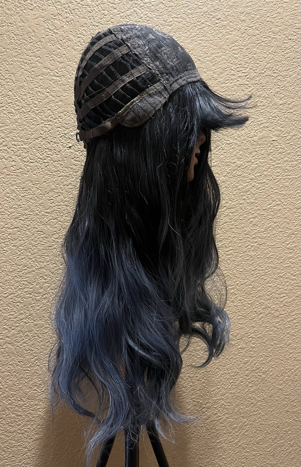 Long Black to Blue Ombre Synthetic Wig | Soft Waves with Full Bangs | Adjustable