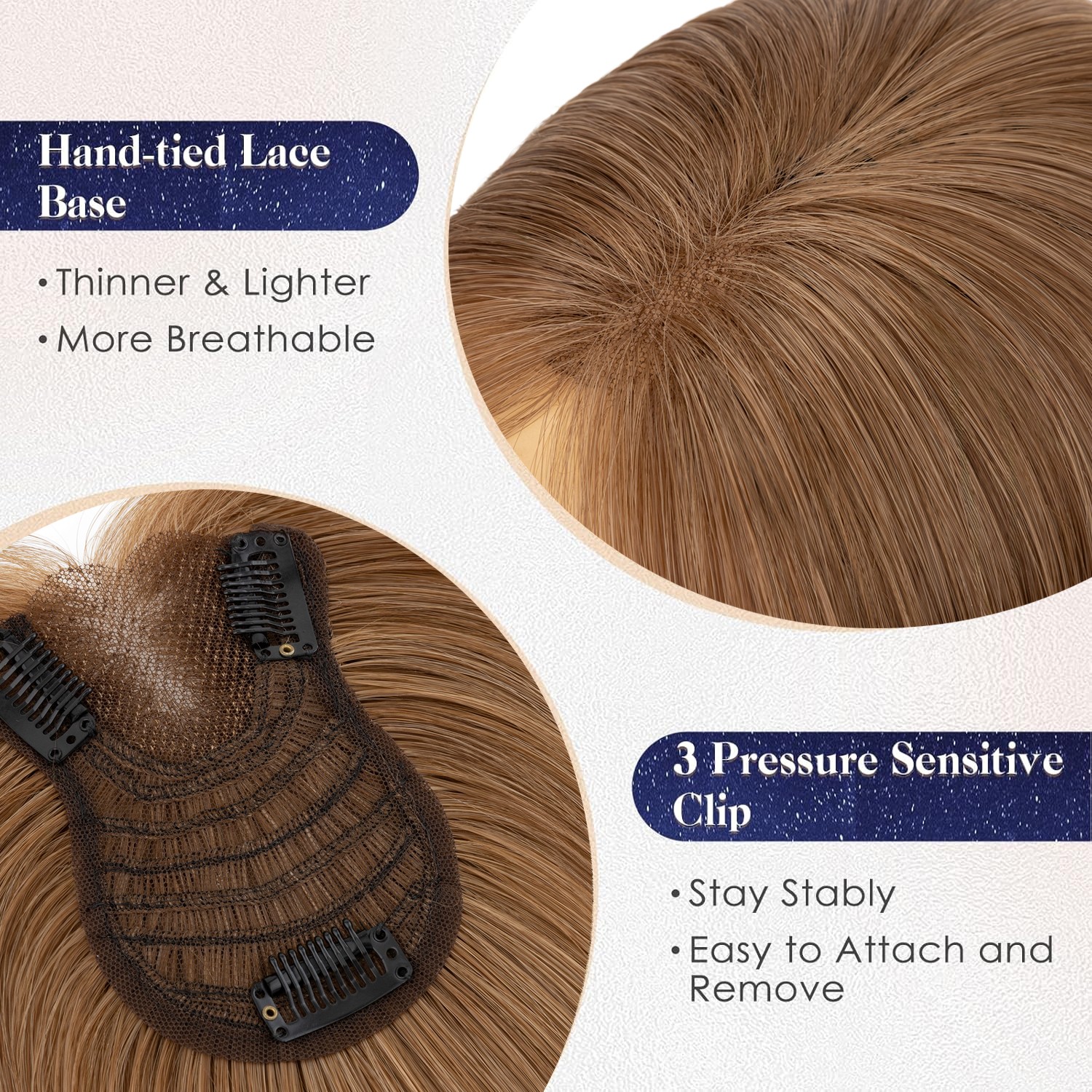 Clip in Human Hair Toppers with Curtain Bangs Lace Base Hair Piece for Women US