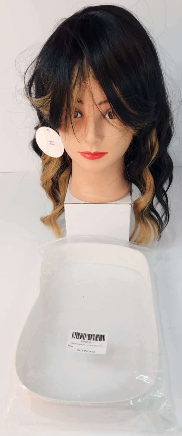 14″ Wavy Bob Wig 1B Natural Black w/ Blonde Highlights Hair Daily Fashion Fun