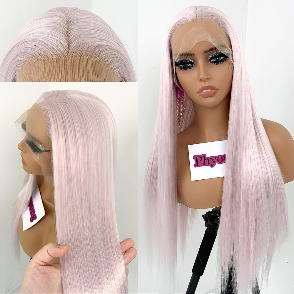 Ice Pink Synthetic Lace Front Wigs Long Straight Soft Hair Heat Resistant Women