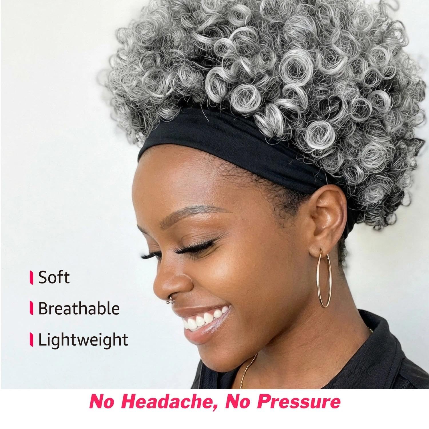 Short Salt and Pepper Afro Curly Headband Wig for Black Women, Gray Kinky Cur…