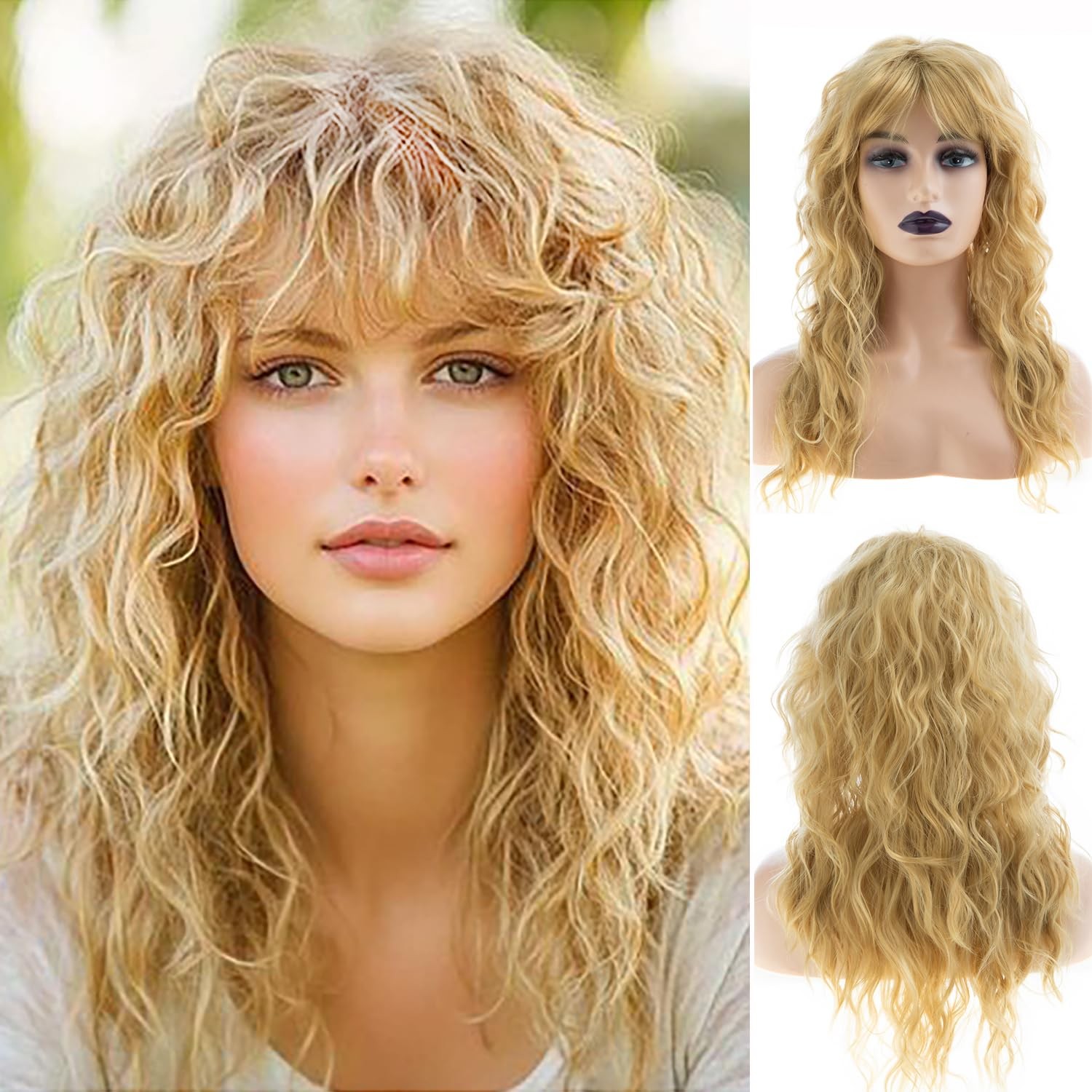 Long Curly Wavy Blonde Wig with Bangs Synthetic Heat Resistant Halloween Cosp…
