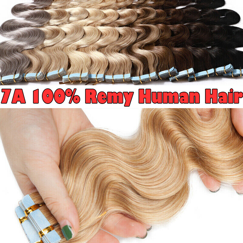 Skin Weft Remy Real Human Hair Extensions Tape In Full Head 200g WAVY Balayage