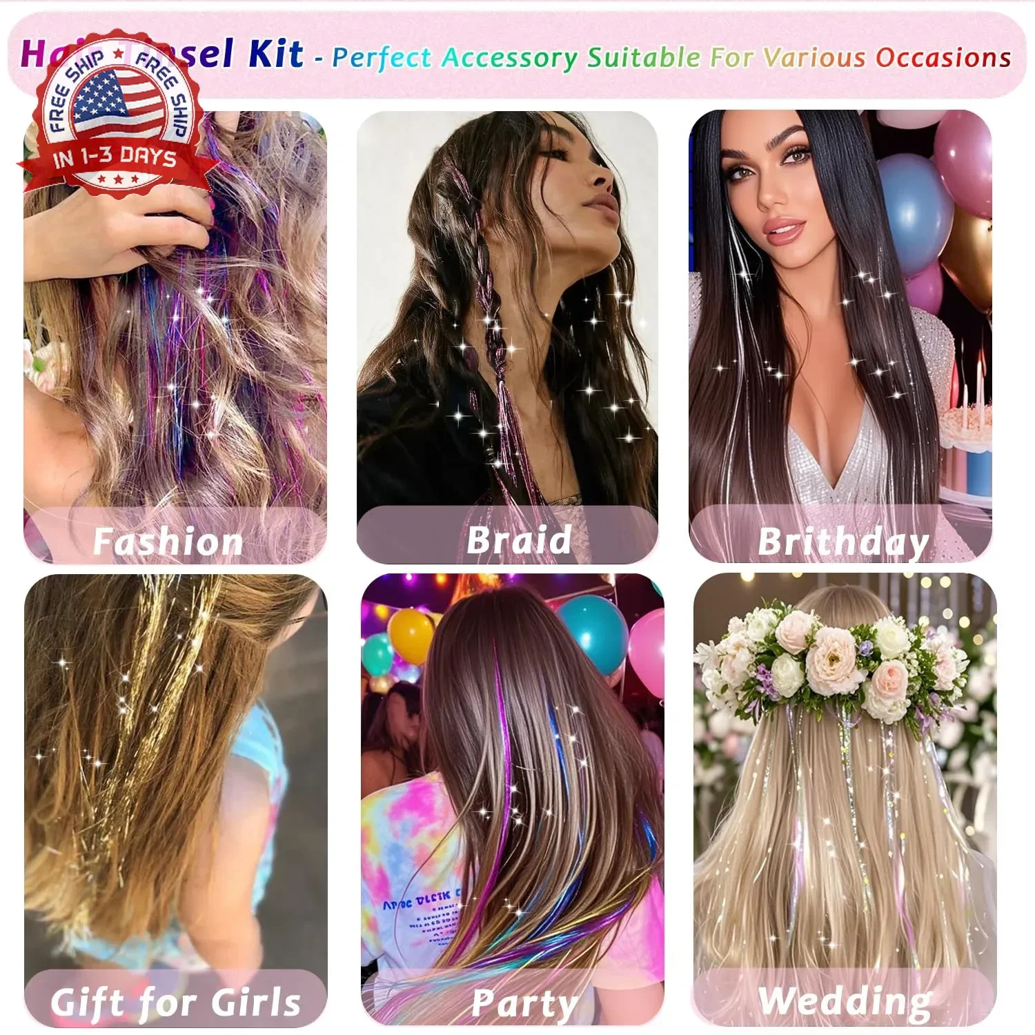 Hair Tinsel, 24 Colors 9800 Strands Hair Tinsel Kit with Tools 48 Inch Glitter T