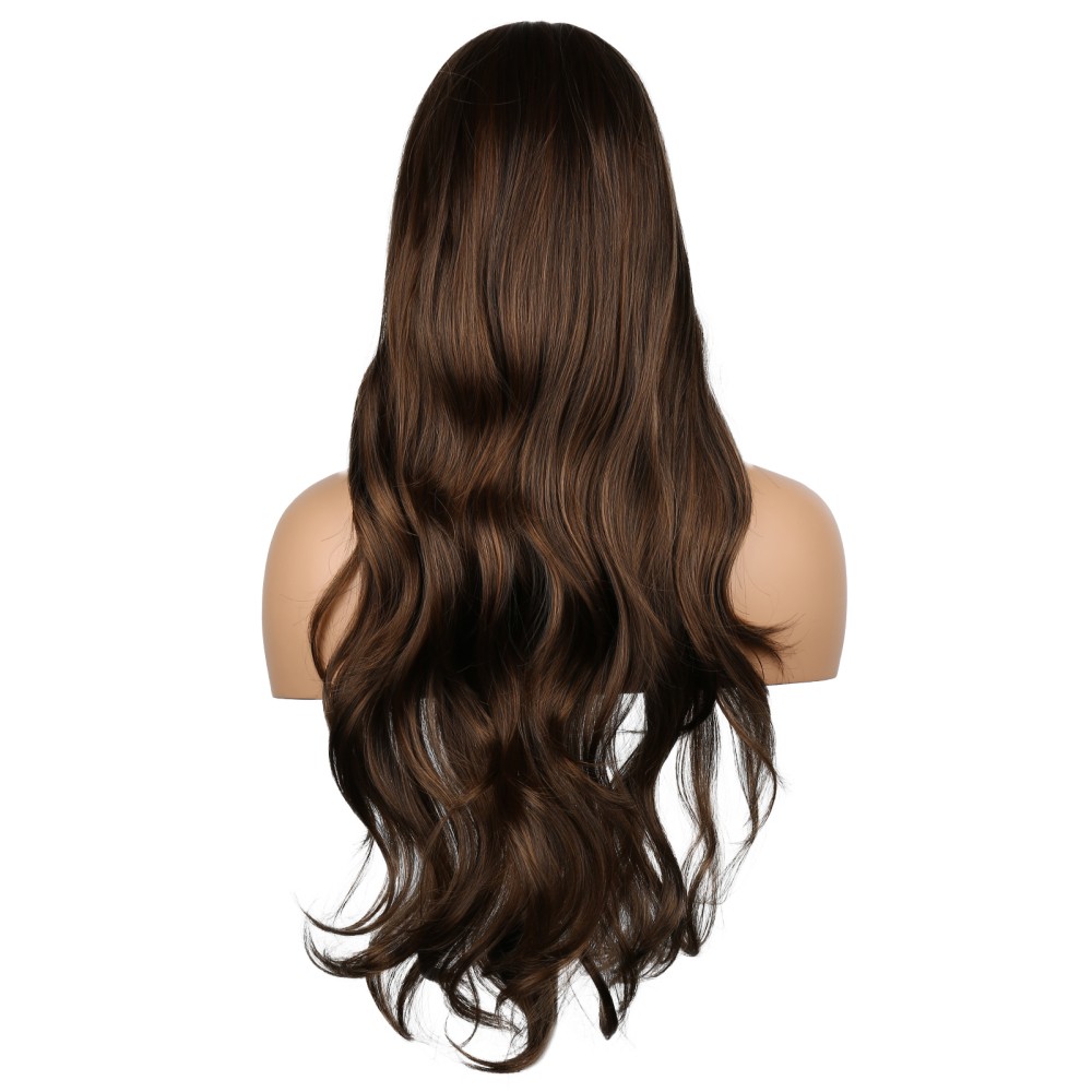 26 Inch Long Curly Full Wigs with Bangs Body Wave Hair for Women Borwn Wavy Wigs