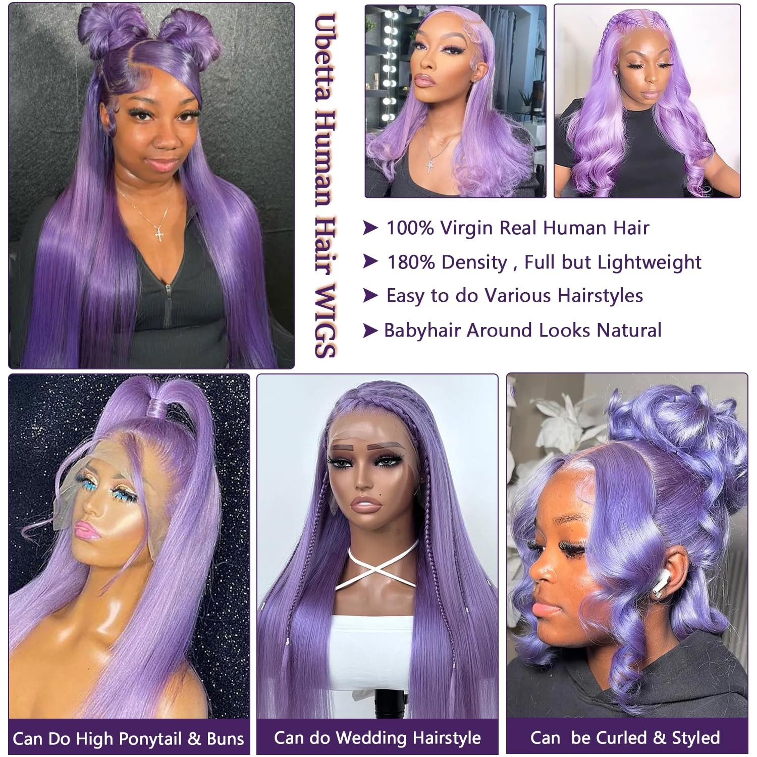 Ubetta Lilac Purple Wig Human Hair 13X6 Lace Front Wigs Human Hair Glueless