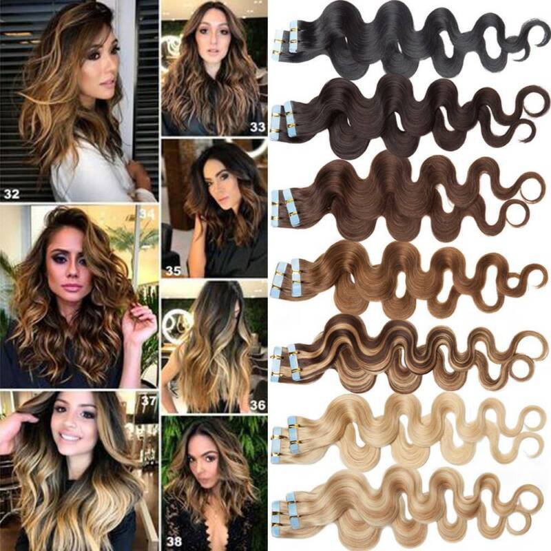 Tape In Balayage Skin Weft Remy Real Human Hair Extensions Full Head 200g WAVY