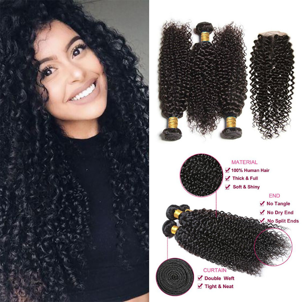 100% Human Hair Black color 1B Jerry Curl 3 Bundles with Closure