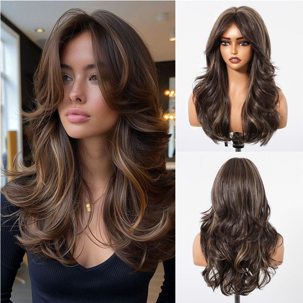 Synthetic Hair Halloween Mixed Brown Long Wavy Cosplay Wigs With Bangs