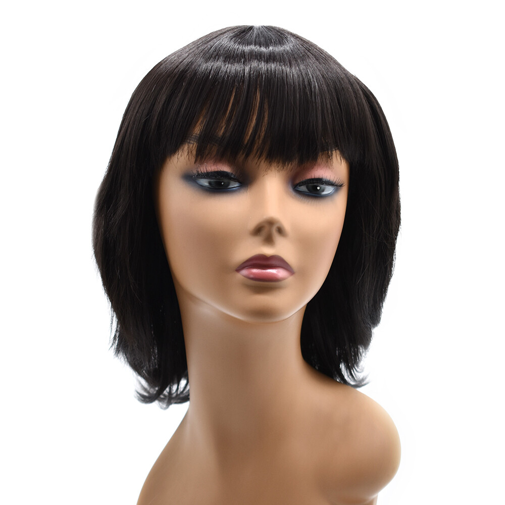 Layered Women Wigs with Bangs Premium Synthetic Shoulder Length Black Brown Hair