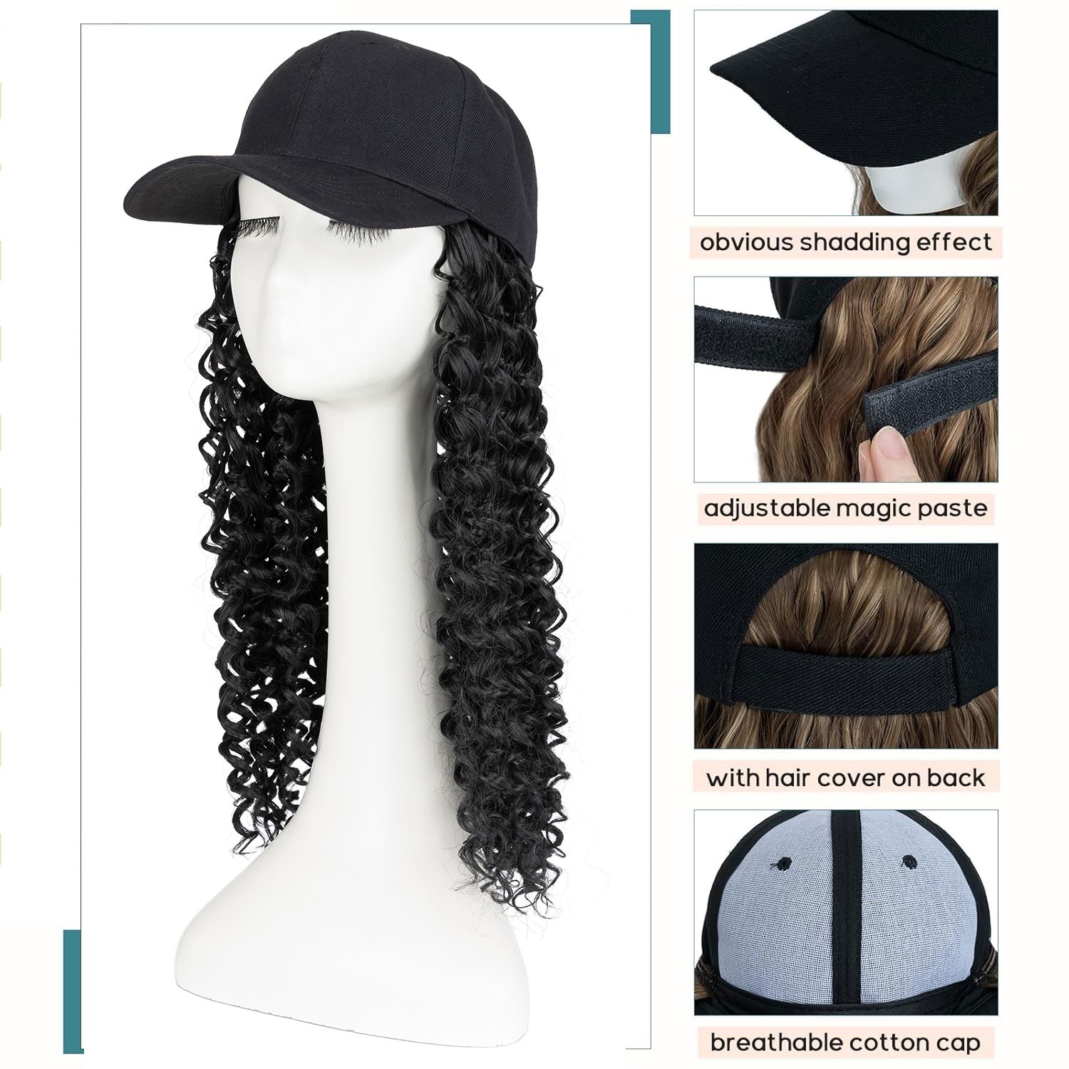 25In Women Black Baseball Cap with Hair Hat Wig Long Curly Deep Wave Hair Wig US