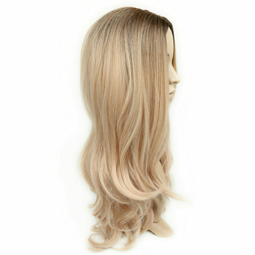 Women Lady Dark Brown Gold Ombre Long Wavy Curly Blonde Wig Synthetic Hair