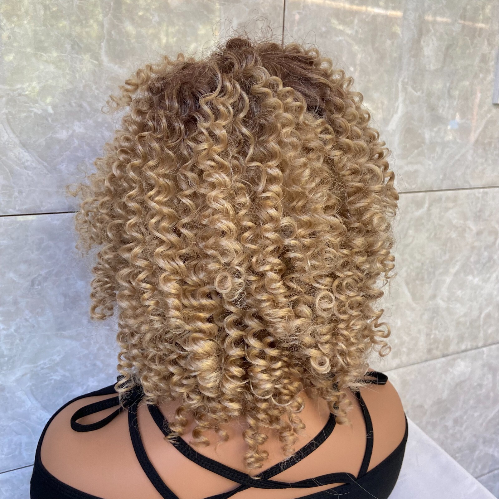 Short Kinky Curly Rooted Blonde Mix Human Hair Blend Heat Ok Wigs Women Soft