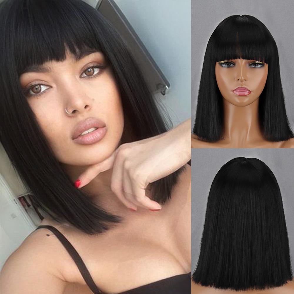 Black Bob Wigs with Bangs Straight Blunt Cut Shoulder Length Short Wig for Women