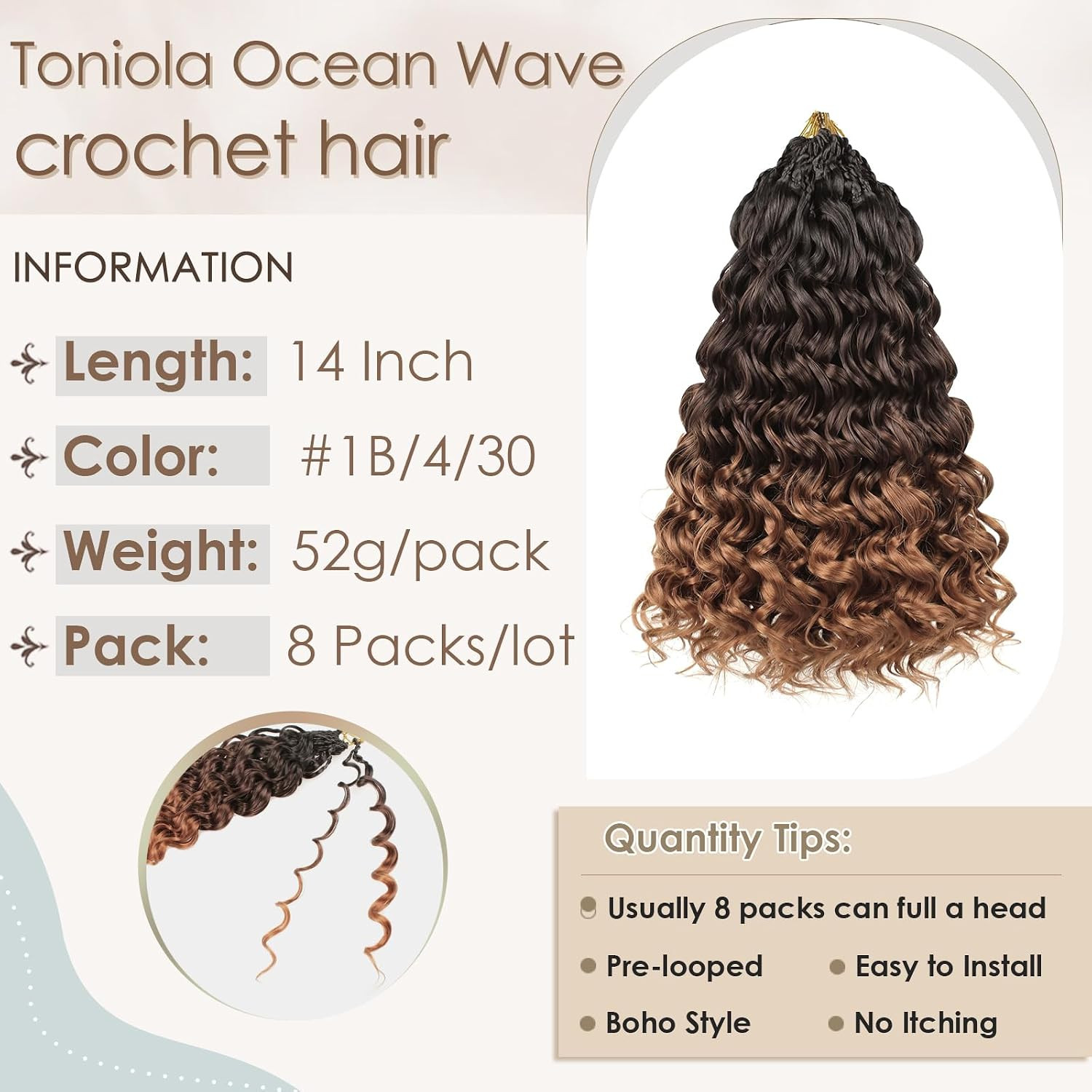 14 Inch 8 Packs Pre Looped Ocean Wave Crochet Hair Boho Ocean Deep Water Wave Be