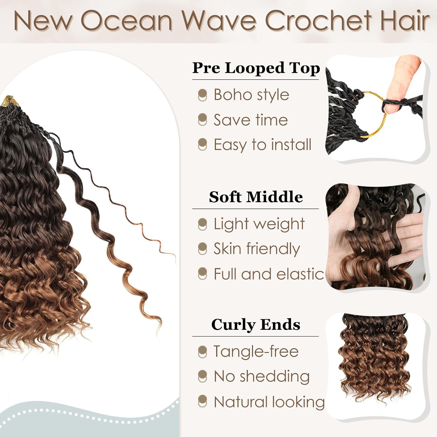 14 Inch 8 Packs Pre Looped Ocean Wave Crochet Hair Boho Ocean Deep Water Wave Be