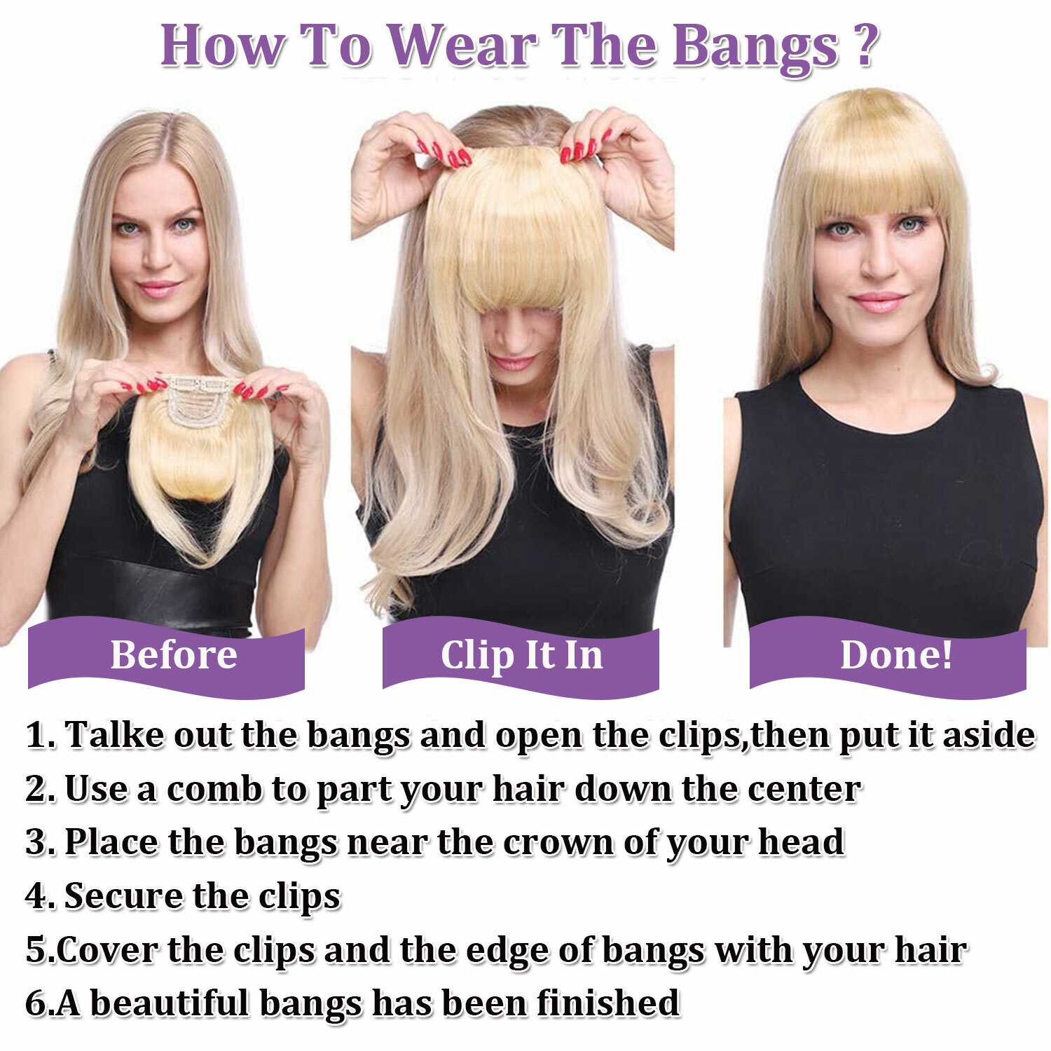 Clip In 100% Thin Thick Fringe Bangs Remy Human Hair Hairpiece Topper For Women