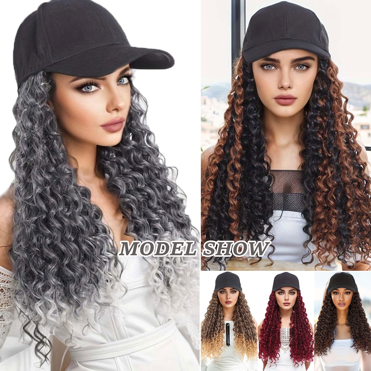25In Women Black Baseball Cap with Hair Hat Wig Long Curly Deep Wave Hair Wig US