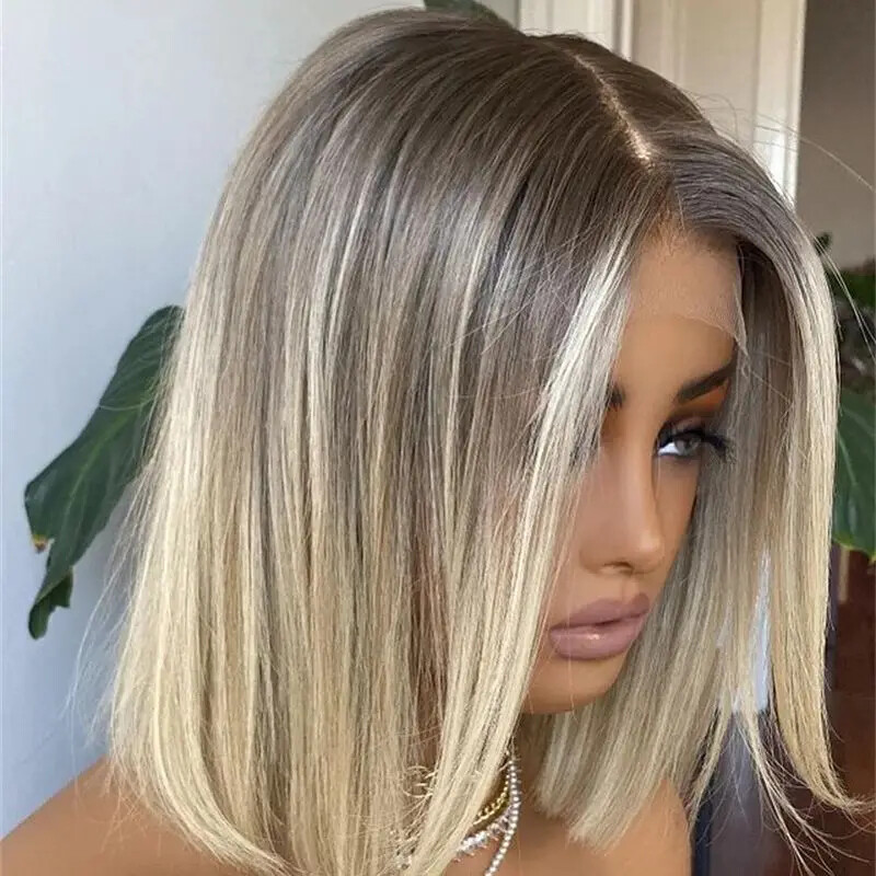 100% Human Hair Ombre Ash Blonde Short Bob Lace Front Wig Brazilain Natural Wigs