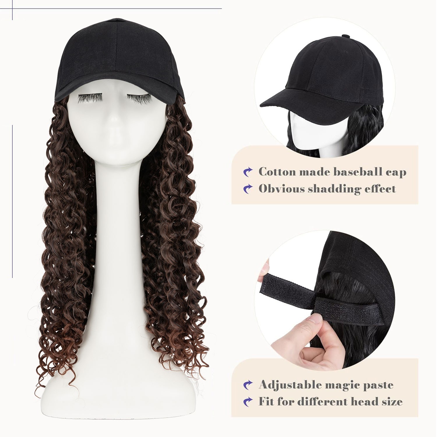 25In Women Black Baseball Cap with Hair Hat Wig Long Curly Deep Wave Hair Wig US