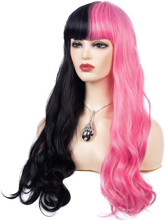 Half Pink Half Black Wavy Wigs Long Curly Wavy Split Synthetic Wig with Bangs Ha