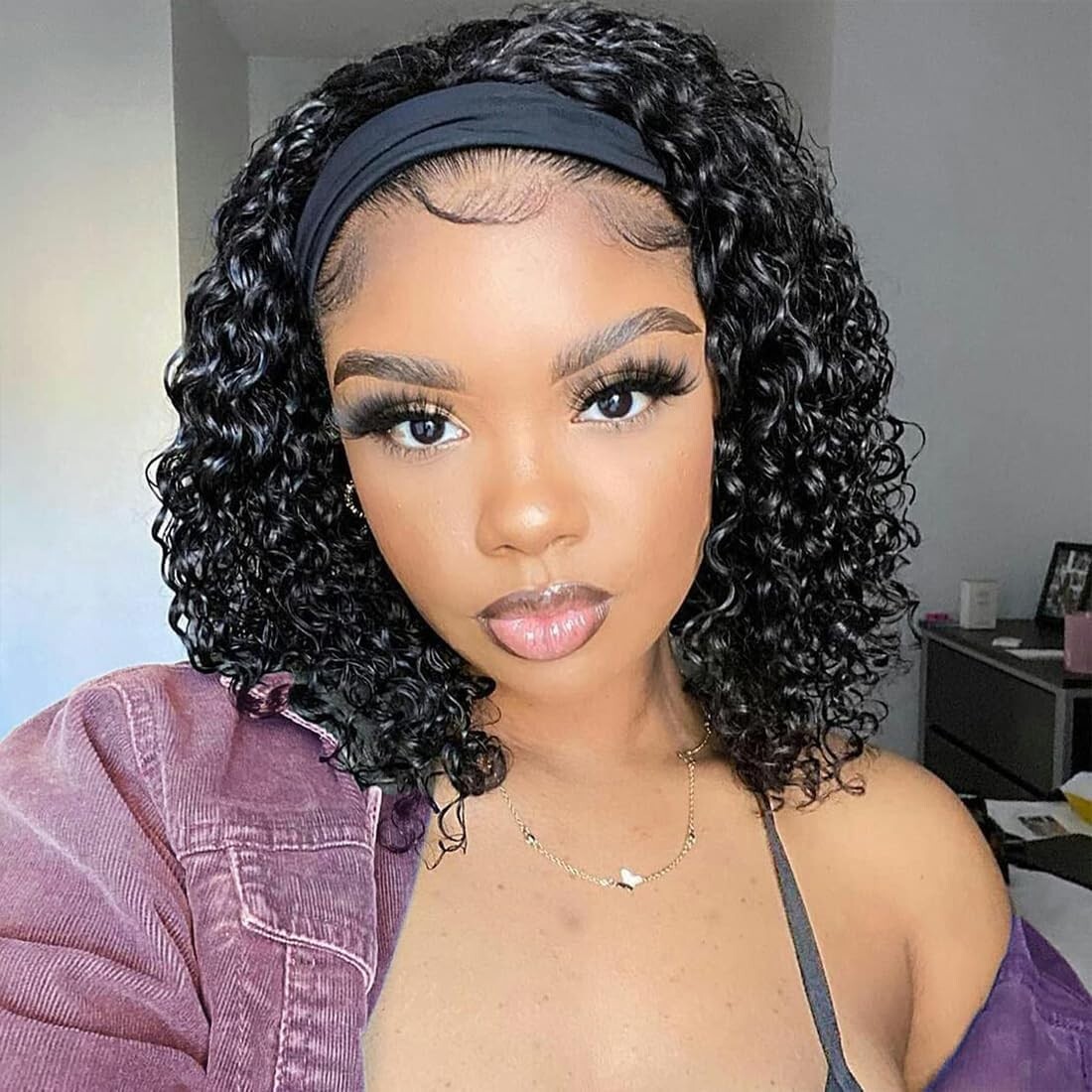 12 Inch Deep Wave Headband Wig Human Hair 150% Density No Lace Natural Color