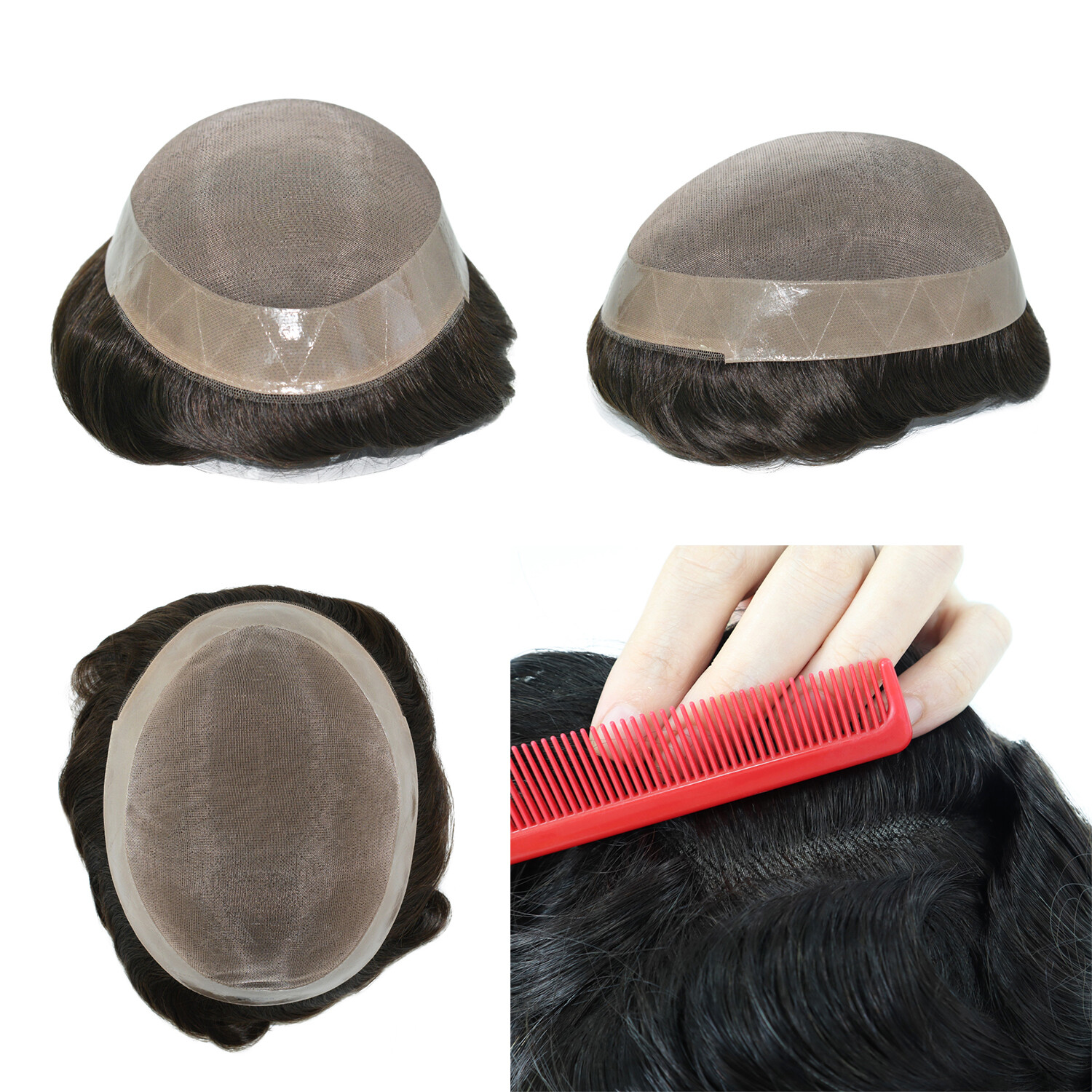 Mens Toupee Human Hair Replacement System Hairpiece Fine Mono Poly Skin ToupeePU