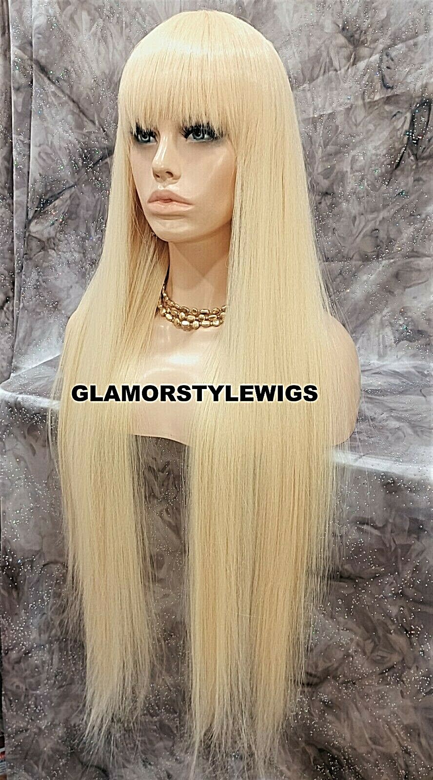 43” FULL WIG LONG LAYERED STRAIGHT W BANGS BLEACH BLONDE HEAT OK #613