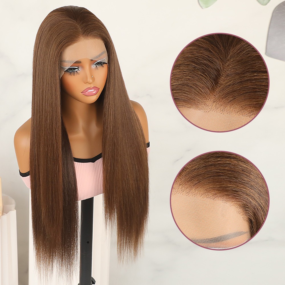 Brown Highlights Long Straight Hair Lace Front Wigs Pre Plucked Natural Hairline