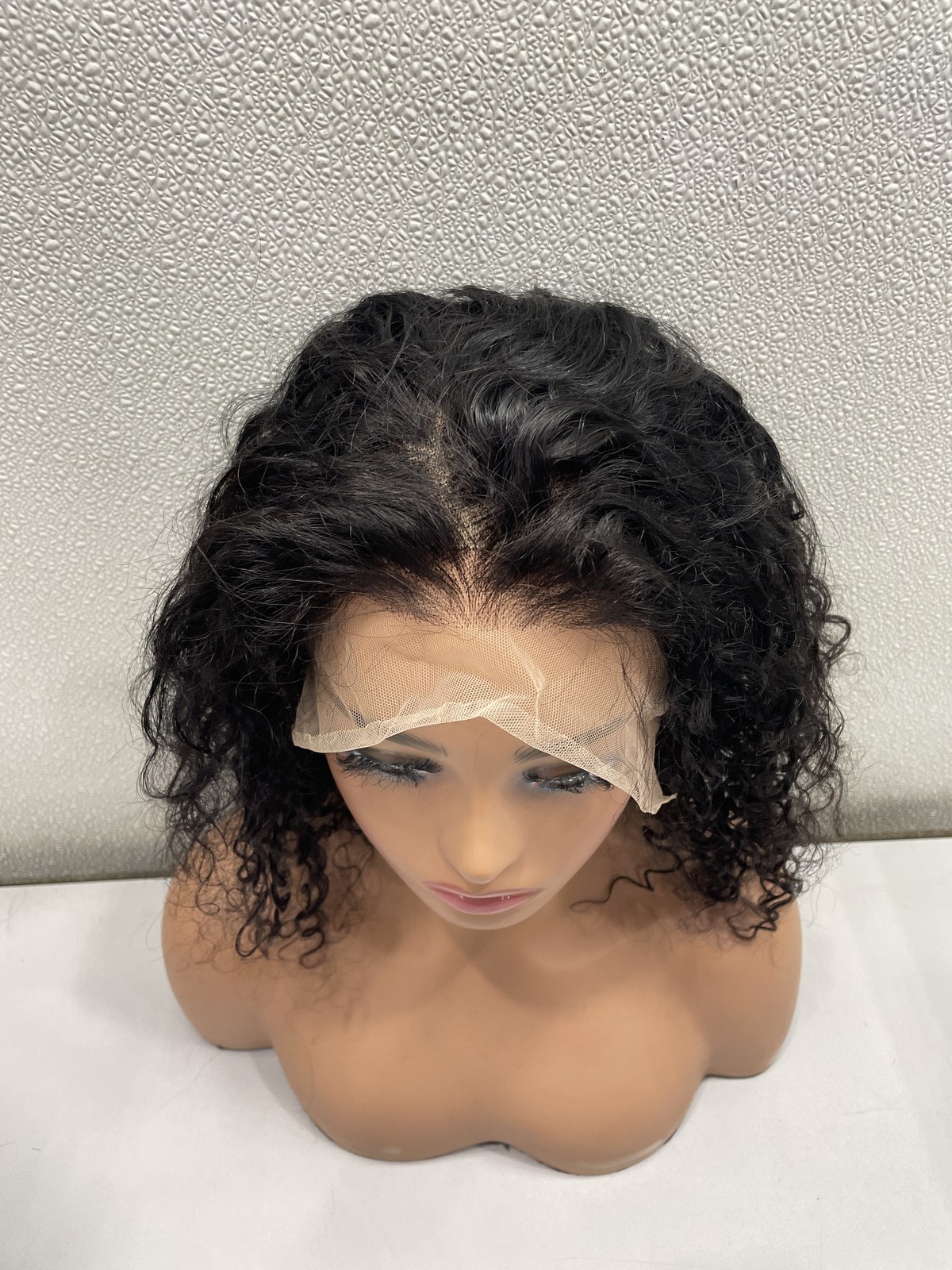 Natural Black Curly Human Hair Blend 13×4 Lace Front Glueless Wig, 16″