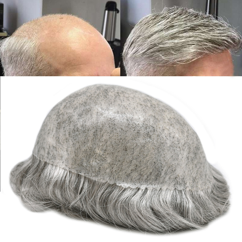 Mens Toupee Human Hair Replacement System Injection Poly Skin Hairpiece Wigs US