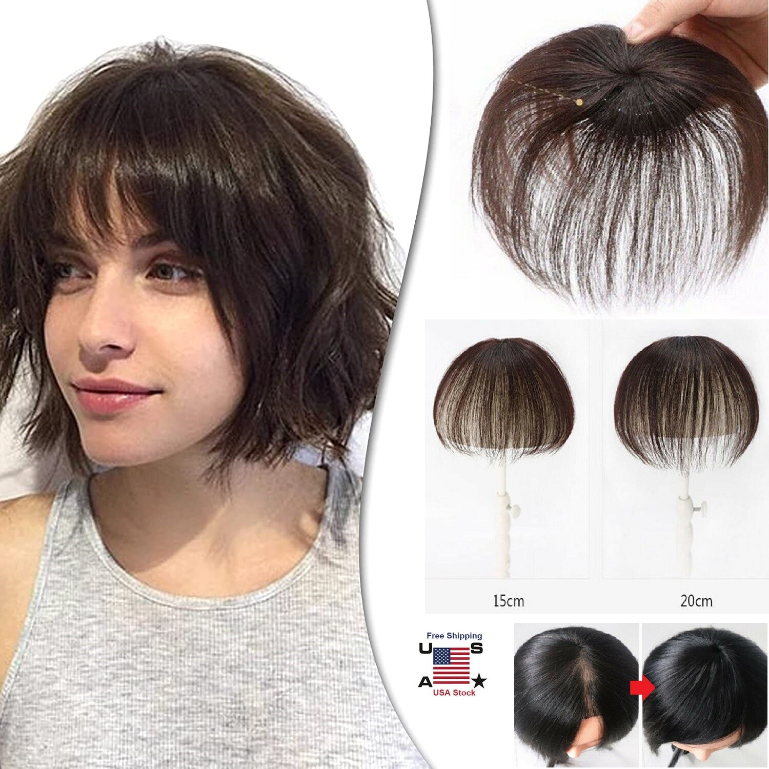 100% Human Hair Topper Clip in Hairpiece Wig Toupee Top Pieces Clip in Bangs USA