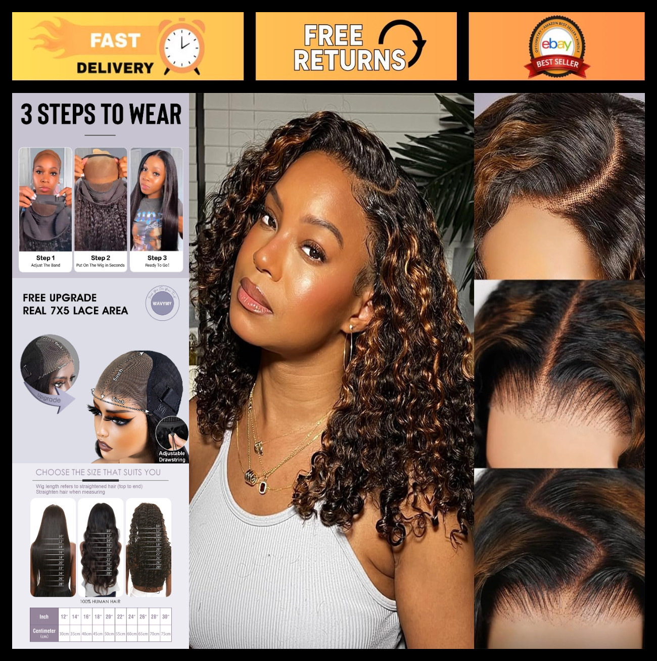 7×5 Water Wave Human Hair Wig 180 Density, Glueless, Pre Plucked, Ombre, HD Lace