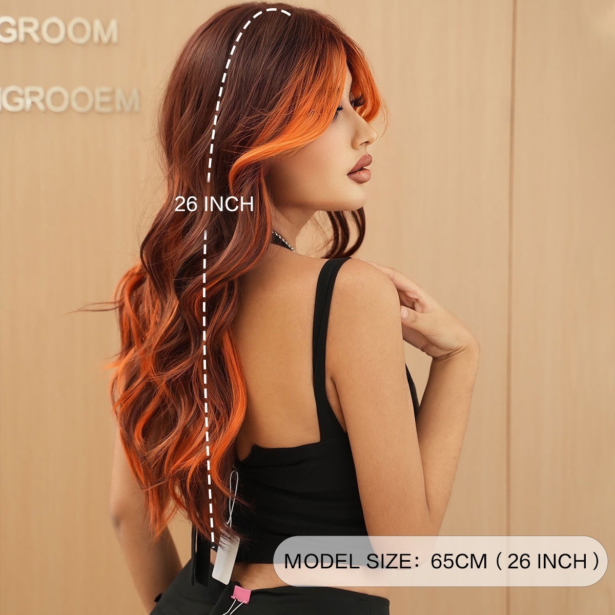 Full head wig with side-swept bangs colorful flame orange highlights and long