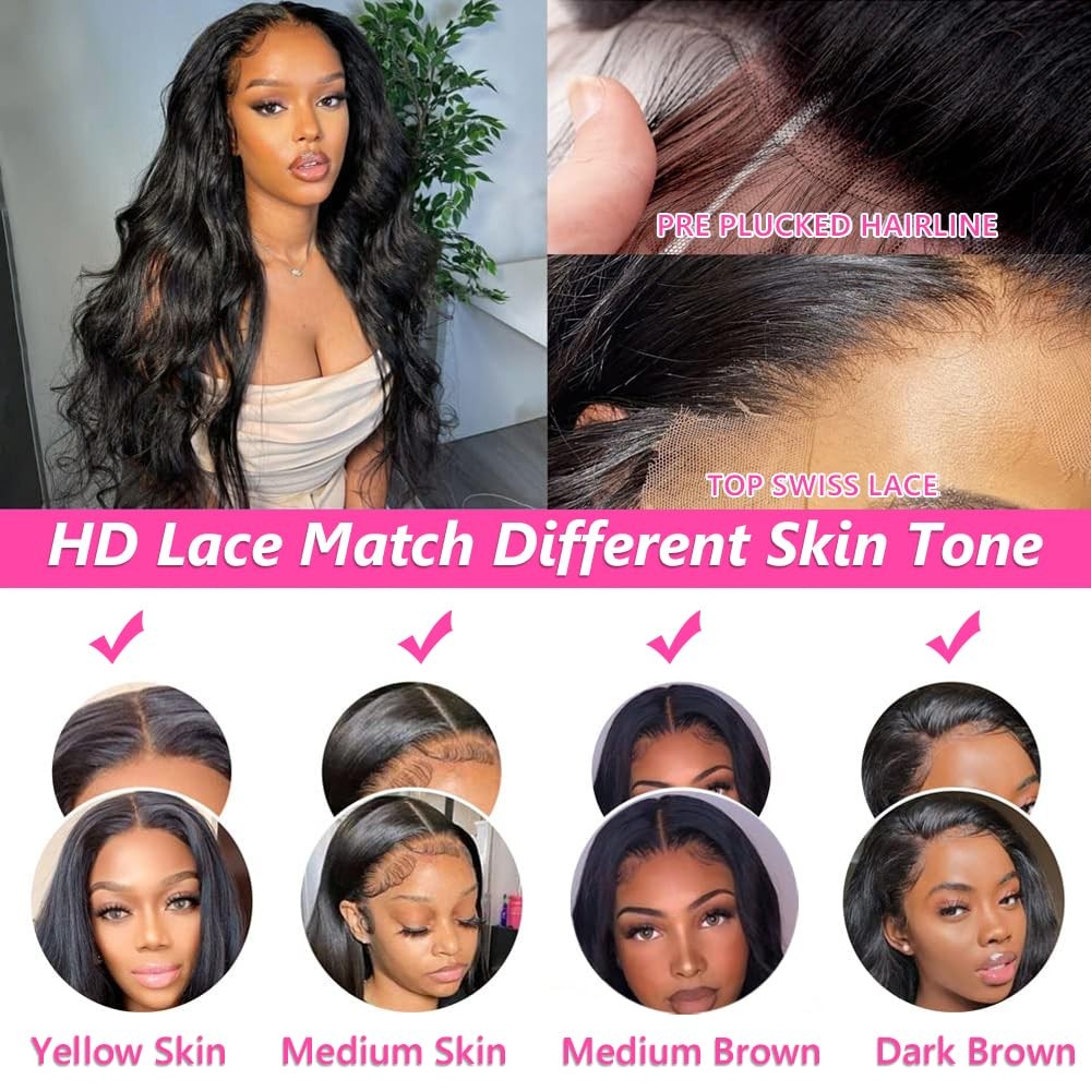 32″ 180% HD 13×6 Body Wave Human Hair Lace Front Wig PrePlucked Bleached Knots