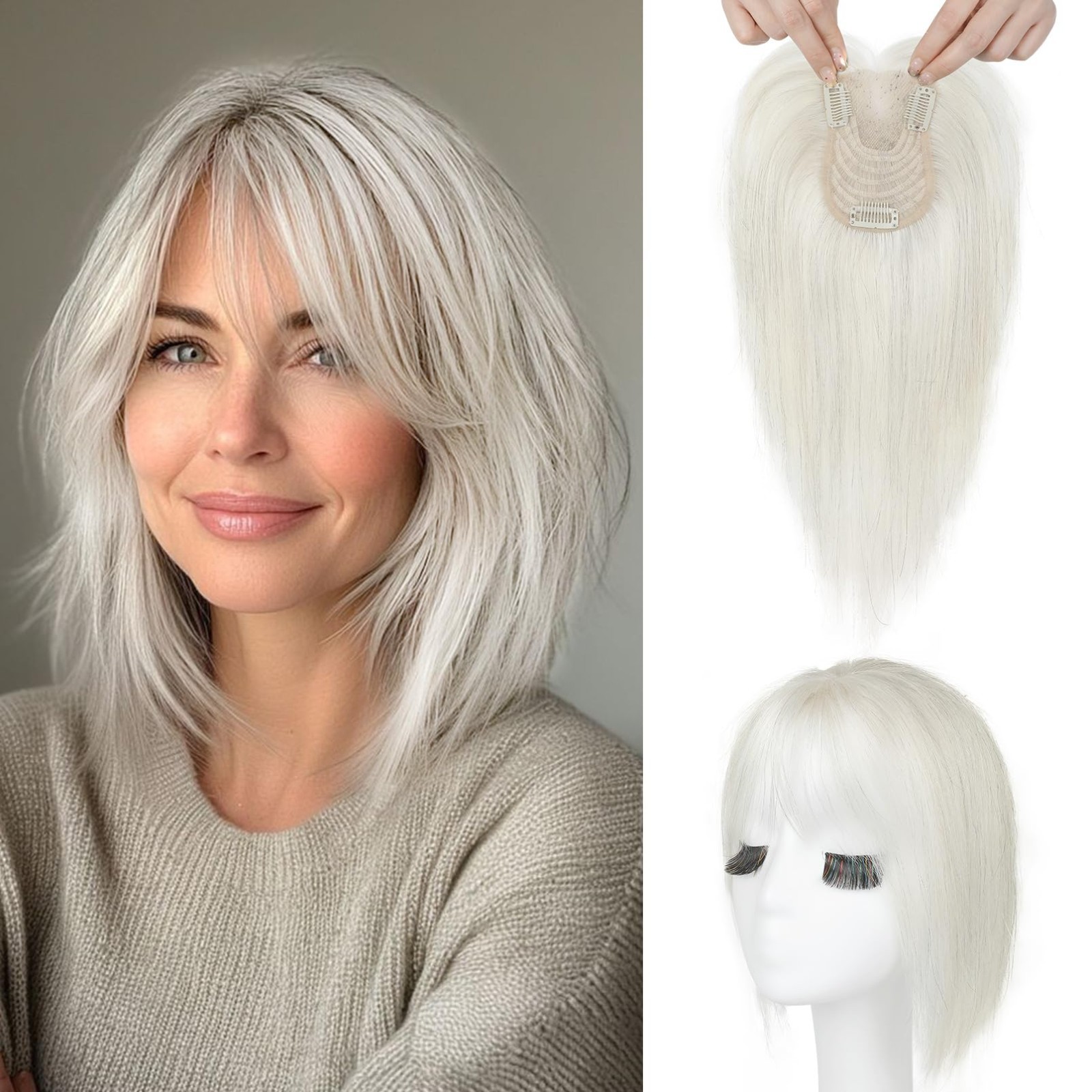 White Light Blonde Black Strand w/ Bangs 100% Human Hair 10in Topper