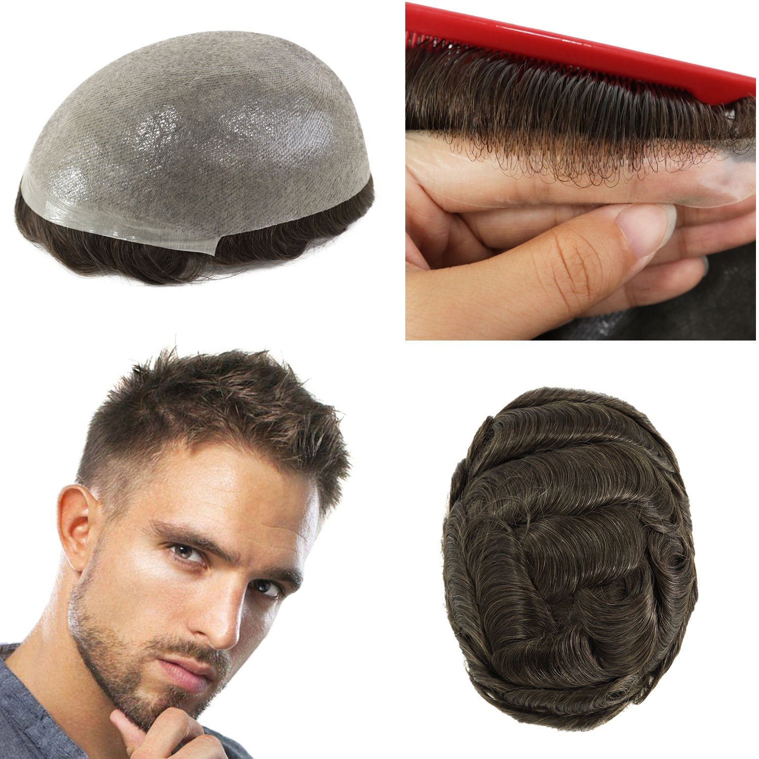 Mens Toupee Thin Skin Knotted Human Hair Replacement System Hairpieces Brown #4