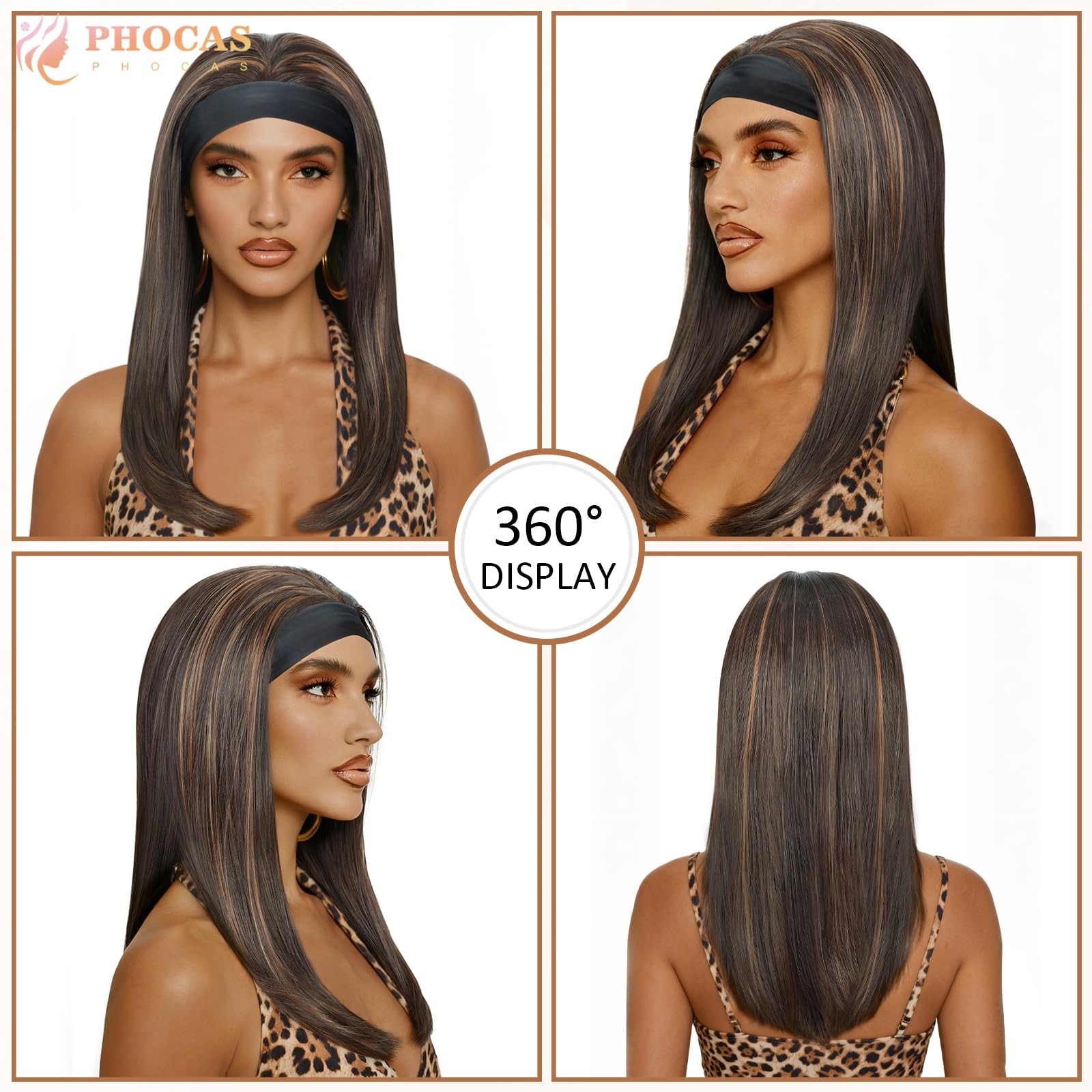18″ Long Highlight Brown Headband Wigs for Dark Brown Headband with Highlight…