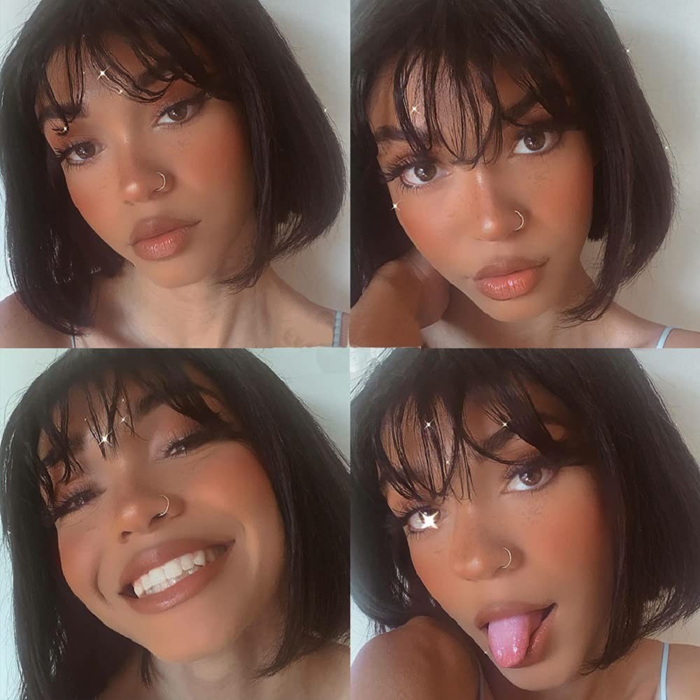 Short Bob Human Hair Wigs with Bangs No Lace Front Wigs Brazilian Straight Hair